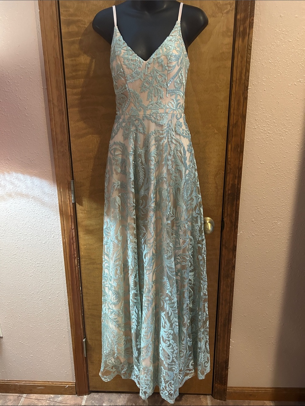 Speechless Aqua Lace V-Neck Prom Gown
